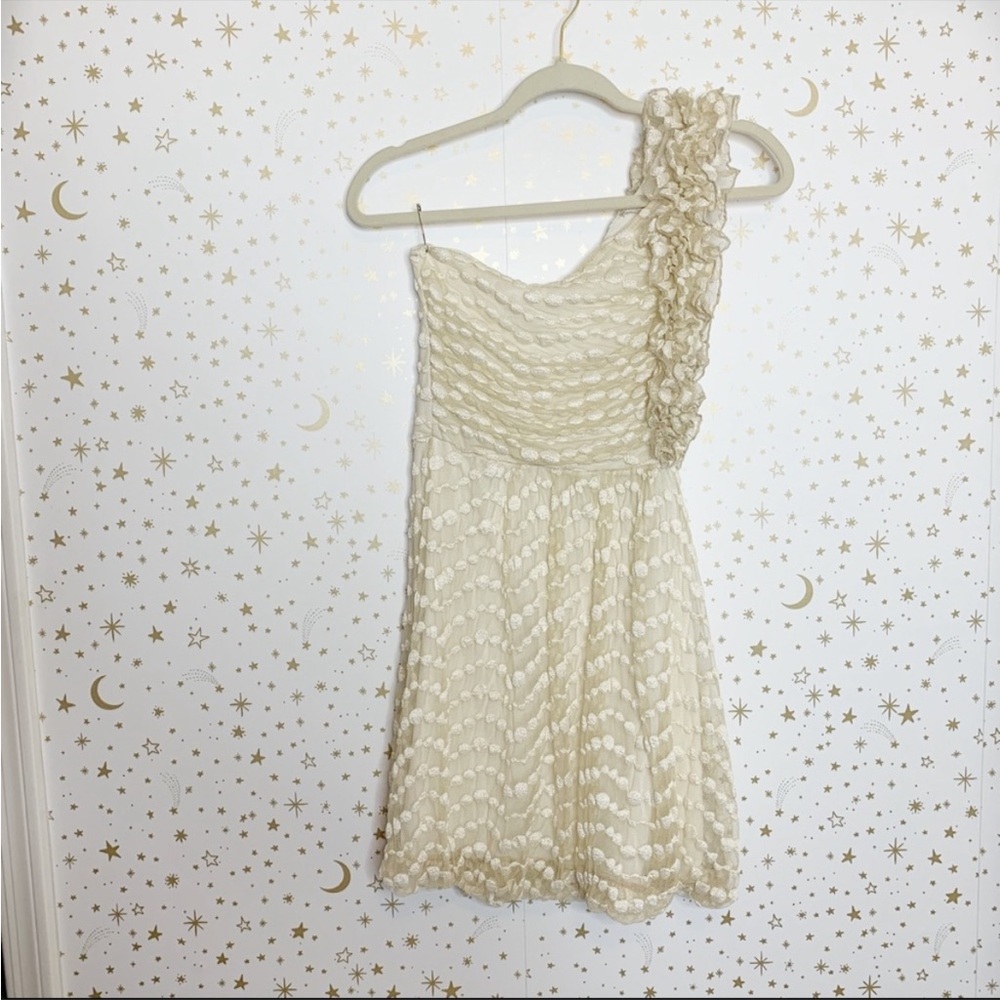 One Shoulder Ruffle Cream Mini Bubble Hem Dress